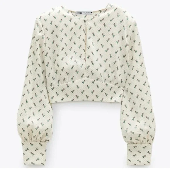 Zara crop satin keyhole cutout long sleeve floral and polka dot cream blouse - Picture 1 of 7